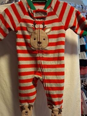 NB Carter's Red & Cream Striped Reindeer Footed One-Piece
